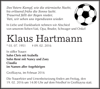 Traueranzeige von Klaus Hartmann von WVG - Wochenspiegel Merseburg