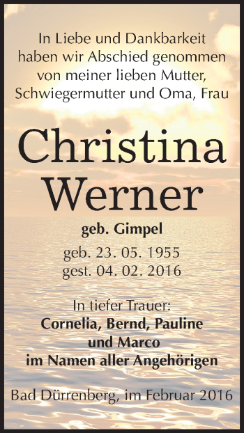Traueranzeige von Christina Werner von Mitteldeutsche Zeitung Merseburg/Querfurt
