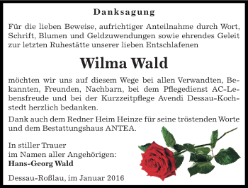Traueranzeige von Wilma Wald von Mitteldeutsche Zeitung Dessau-Roßlau