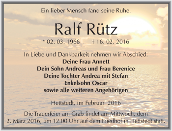 Traueranzeige von Ralf Rütz von Mitteldeutsche Zeitung Mansfelder Land