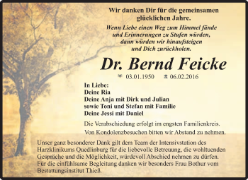 Traueranzeige von Bernd Feicke von Super Sonntag Quedlinburg