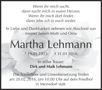 Traueranzeige von Martha Lehmann von WVG - Wochenspiegel Dessau / Köthen