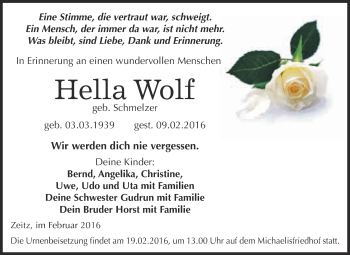 Traueranzeige von Hella Wolf von Super Sonntag Zeitz