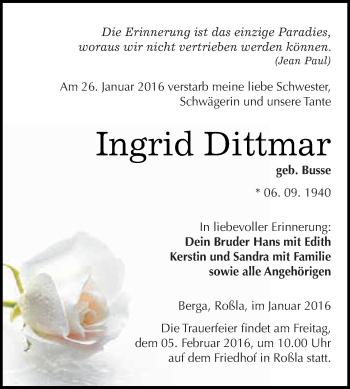 Traueranzeige von Ingrid Dittmar von WVG - Wochenspiegel SGH