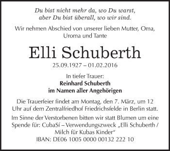 Traueranzeige von Elli Schuberth von WVG - Wochenspiegel Bitterfeld