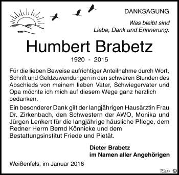 Traueranzeige von Humbert Brabetz von Mitteldeutsche Zeitung Weißenfels