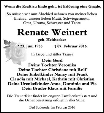 Traueranzeige von Renate Weinert von Mitteldeutsche Zeitung Quedlinburg