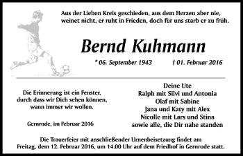 Traueranzeige von Bernd Kuhmann von Mitteldeutsche Zeitung Quedlinburg