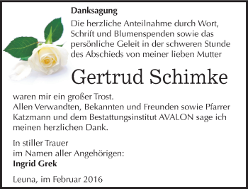 Traueranzeige von Gertrud Schimke von Mitteldeutsche Zeitung Merseburg/Querfurt