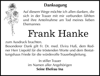 Traueranzeige von Frank Hanke von Mitteldeutsche Zeitung Dessau-Roßlau