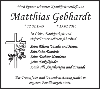 Traueranzeige von Matthias Gebhardt von WVG - Wochenspiegel Dessau / Köthen