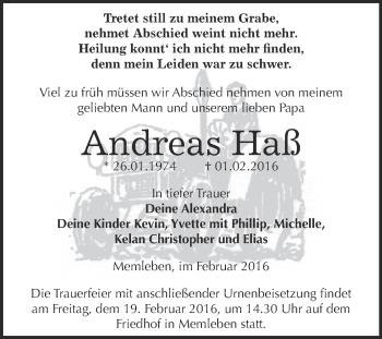 Traueranzeige von Andreas Haß von Super Sonntag SGH Mansf. Land