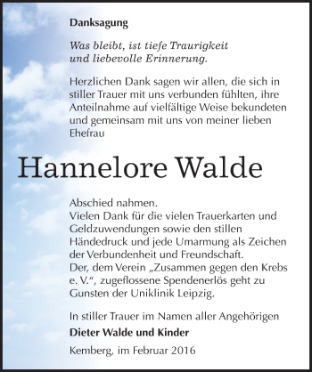 Traueranzeige von Hannelore Walde von Mitteldeutsche Zeitung Wittenberg