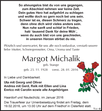 Traueranzeige von Margot Michalik von Mitteldeutsche Zeitung Zeitz