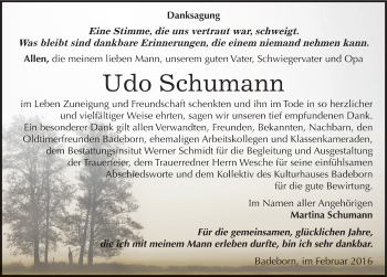 Traueranzeige von Udo Schumann von Mitteldeutsche Zeitung Quedlinburg