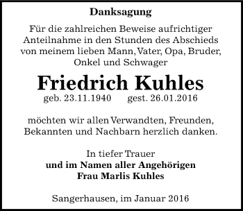 Traueranzeige von Friedrich Kuhles von Mitteldeutsche Zeitung Sangerhausen