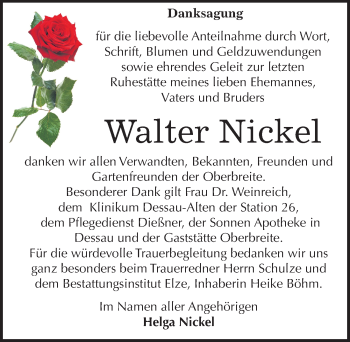 Traueranzeige von Walter Nickel von Mitteldeutsche Zeitung Dessau-Roßlau