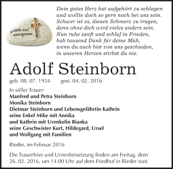 Traueranzeige von Adolf Steinborn von Mitteldeutsche Zeitung Quedlinburg