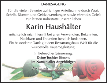 Traueranzeige von Karin Haushälter von WVG - Wochenspiegel NMB / WSF / ZTZ