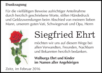 Traueranzeige von Siegfried Ehrt von Super Sonntag Zeitz