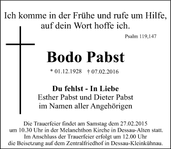 Traueranzeige von Bodo Pabst von Mitteldeutsche Zeitung Dessau-Roßlau