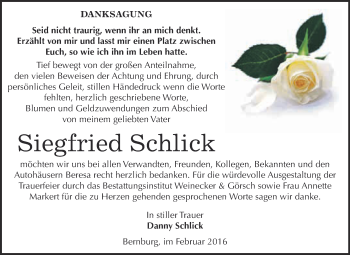 Traueranzeige von Siegfried Schlick von Super Sonntag Bernburg
