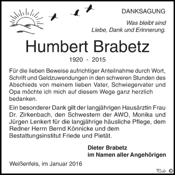 Traueranzeige von Humbert Brabetz von WVG - Wochenspiegel NMB / WSF / ZTZ