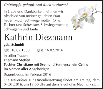Traueranzeige von Kathrin Diezmann von Mitteldeutsche Zeitung Merseburg/Querfurt