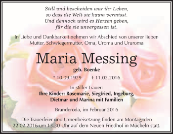 Traueranzeige von Maria Messing von WVG - Wochenspiegel Merseburg
