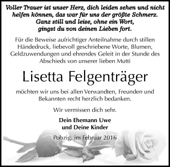 Traueranzeige von Lisetta Felgenträger von Mitteldeutsche Zeitung Bernburg