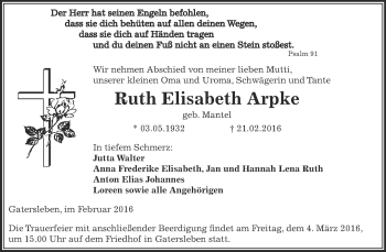 Traueranzeige von Ruth Elisabeth Arpke von Super Sonntag Aschersleben