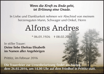 Traueranzeige von Alfons Andres von Mitteldeutsche Zeitung Weißenfels