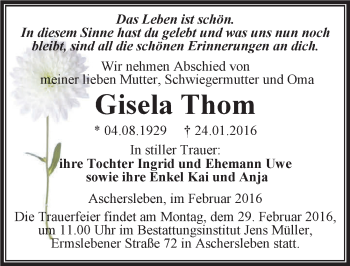 Traueranzeige von Gisela Thom von Mitteldeutsche Zeitung Aschersleben