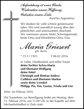 Traueranzeige von Maria Griesert von Mitteldeutsche Zeitung Zeitz