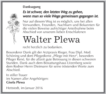 Traueranzeige von Walter Plewa von Wochenspiegel Mansfelder Land