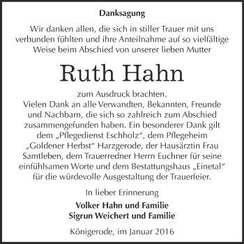 Traueranzeige von Ruth Hahn von Super Sonntag Quedlinburg