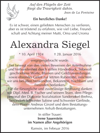 Traueranzeige von Alexandra Siegel von WVG - Wochenspiegel Bitterfeld