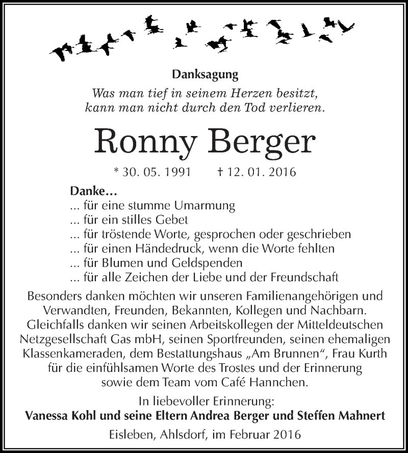  Traueranzeige für Ronny Berger vom 13.02.2016 aus Super Sonntag SGH Mansf. Land