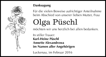 Traueranzeige von Olga Püschl von Mitteldeutsche Zeitung Zeitz