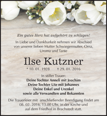 Traueranzeige von Ilse Kutzner von Mitteldeutsche Zeitung Halle/Saalkreis