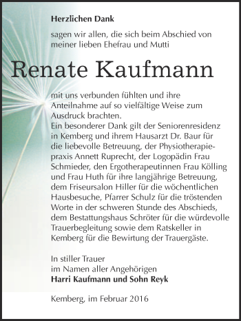 Traueranzeige von Renate Kaufmann von WVG - Wochenspiegel Bitterfeld