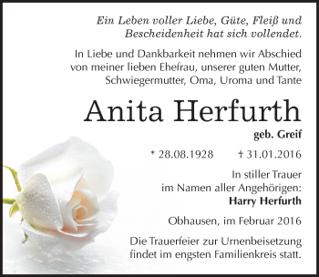 Traueranzeige von Anita Herfurth von Mitteldeutsche Zeitung Merseburg/Querfurt