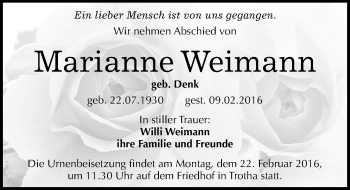 Traueranzeige von Marianne Weimann von Mitteldeutsche Zeitung Halle/Saalkreis