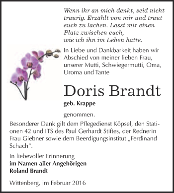 Traueranzeige von Doris Brandt von WVG - Wochenspiegel Wittenberg