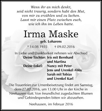 Traueranzeige von Irma Maske von Mitteldeutsche Zeitung Mansfelder Land