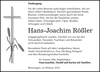 Traueranzeige von Hans-Joachim Rößler von Mitteldeutsche Zeitung Sangerhausen