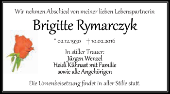 Traueranzeige von Brigitte Rymarczyk von Super Sonntag Aschersleben