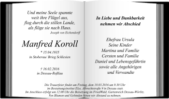Traueranzeige von Manfred Koroll von WVG - Wochenspiegel Dessau / Köthen