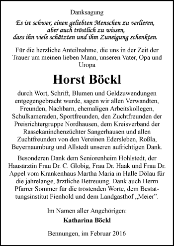 Traueranzeige von Horst Böckl von Mitteldeutsche Zeitung Sangerhausen