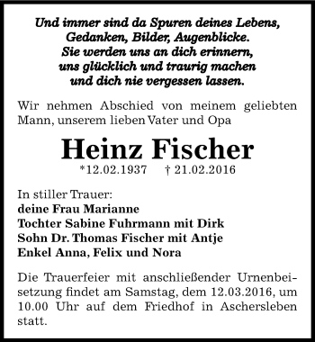 Traueranzeige von Heinz Fischer von Mitteldeutsche Zeitung Aschersleben